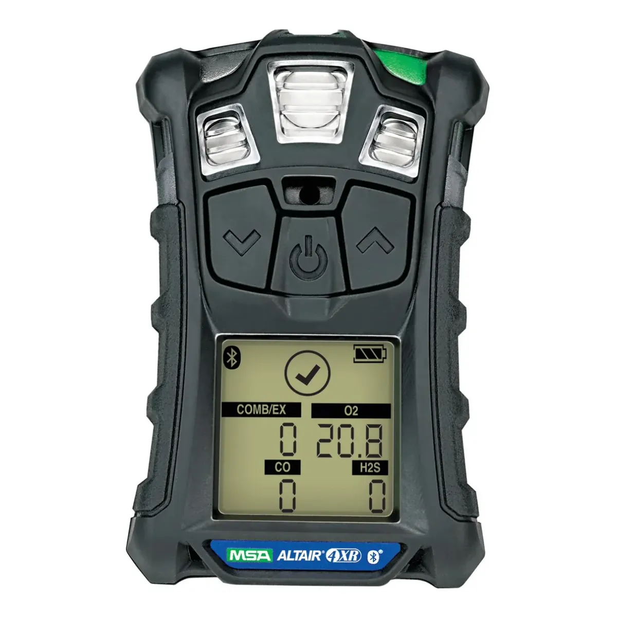 Charcoal MSA ALTAIR 4XR multigas detector, screen showing four readings