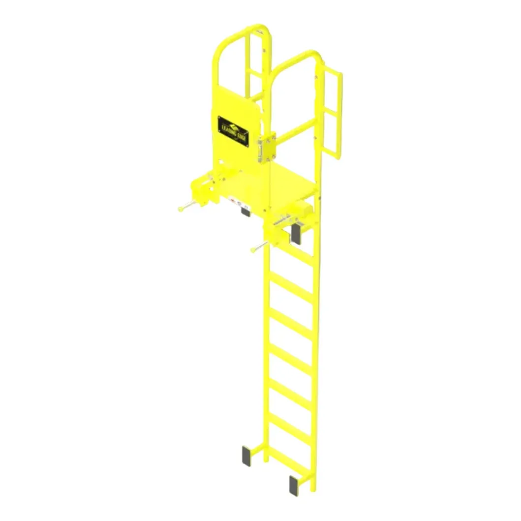 Yellow trench box ladder with a landing and grab handles at the top