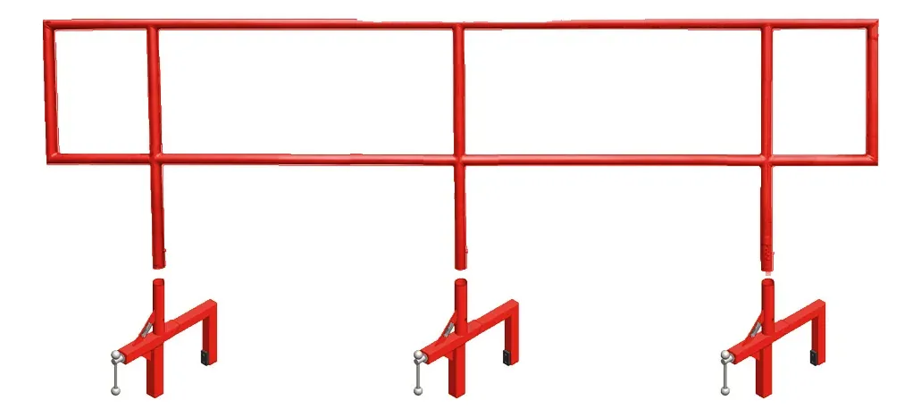 Red trench guardrail with three posts and its clamping feet