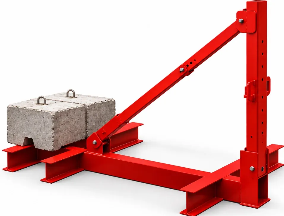 Support à poteau en acier rouge lesté de deux blocs de béton