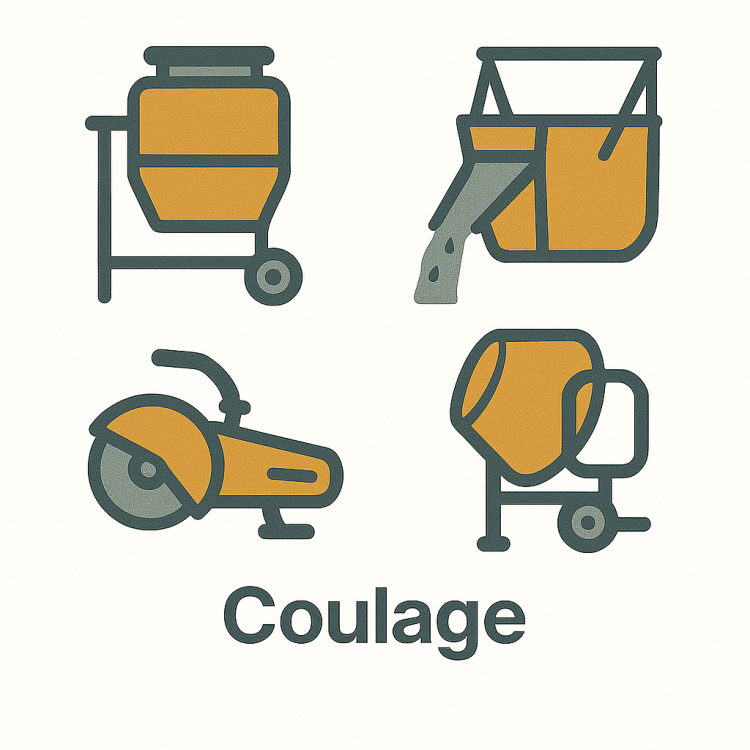 Illustration d’outils de coulage de béton : pompe, benne, truelle mécanique sur fond blanc