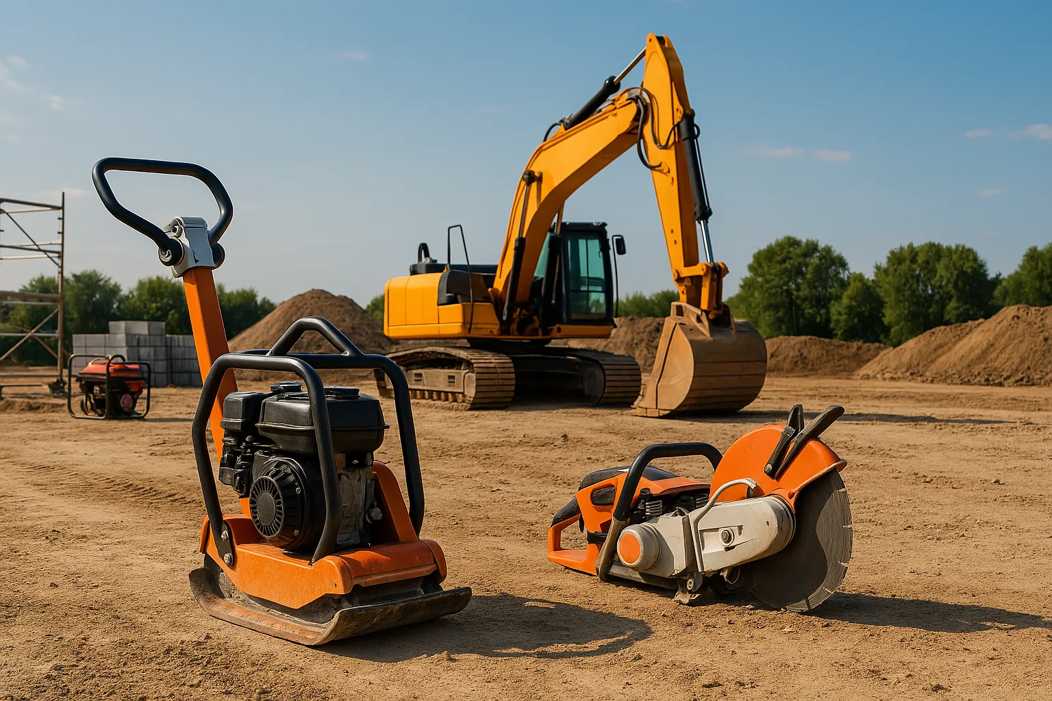 Chantier avec excavatrice, plaque vibrante et divers outils - Louez ou achetez du matériel professionnel.