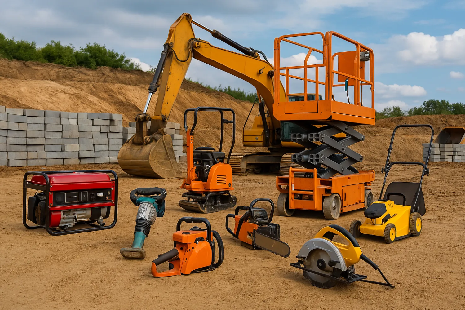 Chantier avec excavatrice, plaque vibrante et divers outils - Louez ou achetez du matériel professionnel.